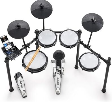 Alesis Nitro Max Kit Bateria eletrónica com remendos silenciosos de malha, caixa de zona dupla de 10", Bluetooth, 440 sons autênticos, aulas Drumeo, USB MIDI, pedal de bombo