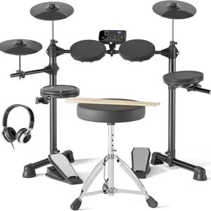 AODSK Conjunto de bateria elétrica, UAED-400, kit de bateria eletrônica júnior para crianças iniciantes com 150 sons, tamborete, baquetas e fones de ouvido