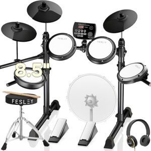 Fesley FED150W Conjunto de Bateria Elétrica: Conjunto de Bateria Eletrônica com 4 Almofadas Bateria Silenciosas para Iniciantes, Caixa Zona Dupla, Conjunto de Bateria com Função...