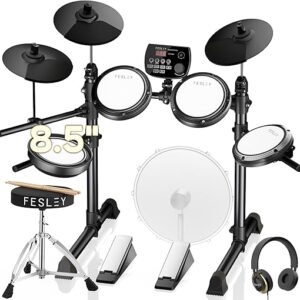 Fesley FED150W Conjunto de Bateria Elétrica: Conjunto de Bateria Eletrônica com 4 Almofadas Bateria Silenciosas para Iniciantes, Caixa Zona Dupla, Conjunto de Bateria com Função...