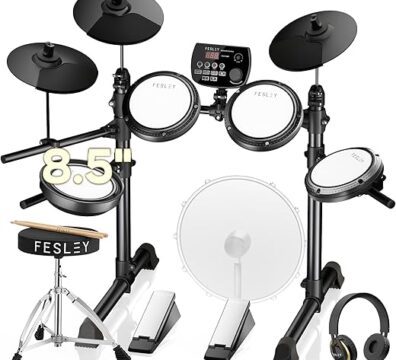 Fesley FED150W Conjunto de Bateria Elétrica: Conjunto de Bateria Eletrônica com 4 Almofadas Bateria Silenciosas para Iniciantes, Caixa Zona Dupla, Conjunto de Bateria com Função...