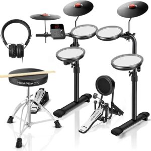 HAMPBACK Conjunto de bateria elétrica MK-0 PRO com 4 almofadas de bateria de malha bastante, 3 batidas completas de borracha, bumbo, 12 kits e 68 sons autênticos, USB MIDI,...