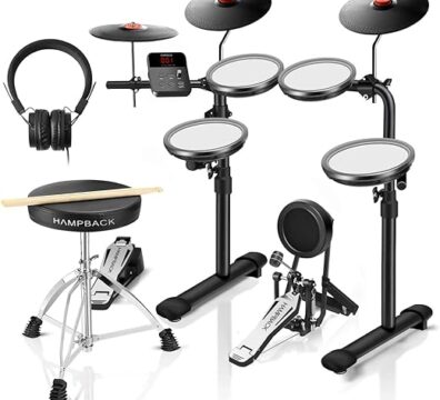 HAMPBACK Conjunto de bateria elétrica MK-0 PRO com 4 almofadas de bateria de malha bastante, 3 batidas completas de borracha, bumbo, 12 kits e 68 sons autênticos, USB MIDI,...