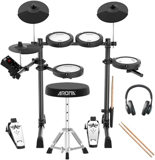 Kit Bateria Eletrônica AROMA TDX-18 - Acompanha banco, fone e baquetas - Mesh, Bluetooth, Choke