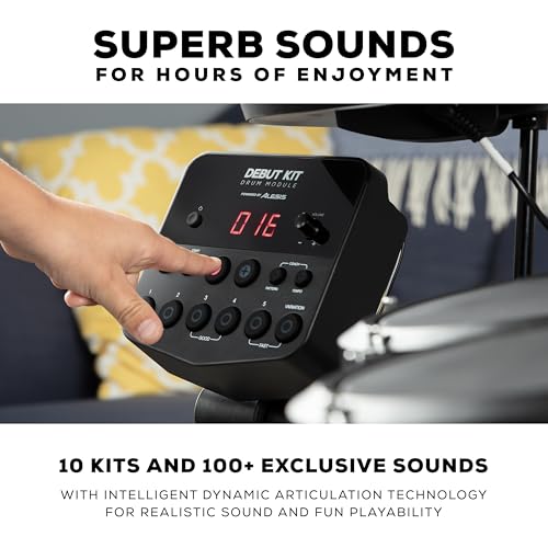 Alesis Kit de estreia de bateria – Conjunto de bateria infantil com 4 almofadas elétricas de malha silenciosa, 120 sons, tamborete, baquetas de bateria, fones de ouvido e 100...