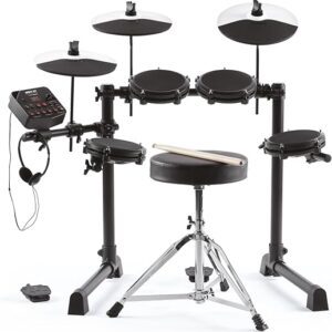Alesis Kit de estreia de bateria – Conjunto de bateria infantil com 4 almofadas elétricas de malha silenciosa, 120 sons, tamborete, baquetas de bateria, fones de ouvido e 100...