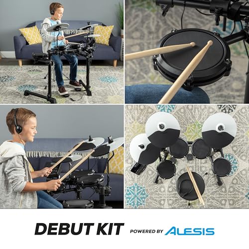 Alesis Kit de estreia de bateria – Conjunto de bateria infantil com 4 almofadas elétricas de malha silenciosa, 120 sons, tamborete, baquetas de bateria, fones de ouvido e 100...