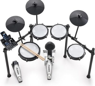 Alesis Nitro Max Kit Bateria eletrónica com remendos silenciosos de malha, caixa de zona dupla de 10", Bluetooth, 440 sons autênticos, aulas Drumeo, USB MIDI, pedal de bombo