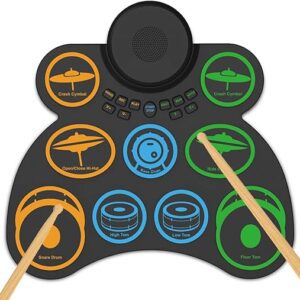 ANVAR Conjunto de Bateria Eletrônica Portátil com 9 Pads, Duplo Alto-Falante, 4 Horas de Bateria, MIDI e Conexão para Jogos - Presente Musical Perfeito para Iniciantes e Crianças