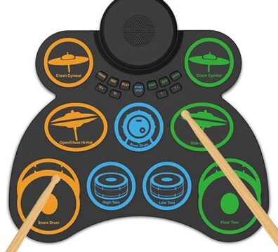 ANVAR Conjunto de Bateria Eletrônica Portátil com 9 Pads, Duplo Alto-Falante, 4 Horas de Bateria, MIDI e Conexão para Jogos - Presente Musical Perfeito para Iniciantes e Crianças