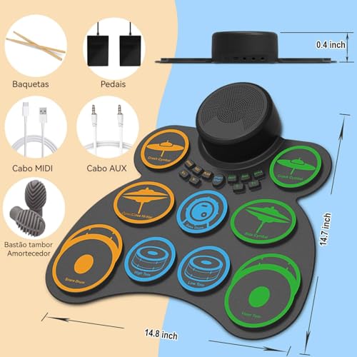 ANVAR Conjunto de Bateria Eletrônica Portátil com 9 Pads, Duplo Alto-Falante, 4 Horas de Bateria, MIDI e Conexão para Jogos - Presente Musical Perfeito para Iniciantes e Crianças