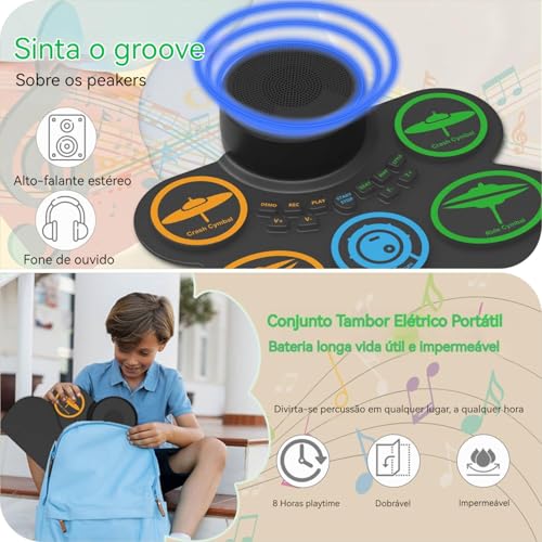 ANVAR Conjunto de Bateria Eletrônica Portátil com 9 Pads, Duplo Alto-Falante, 4 Horas de Bateria, MIDI e Conexão para Jogos - Presente Musical Perfeito para Iniciantes e Crianças