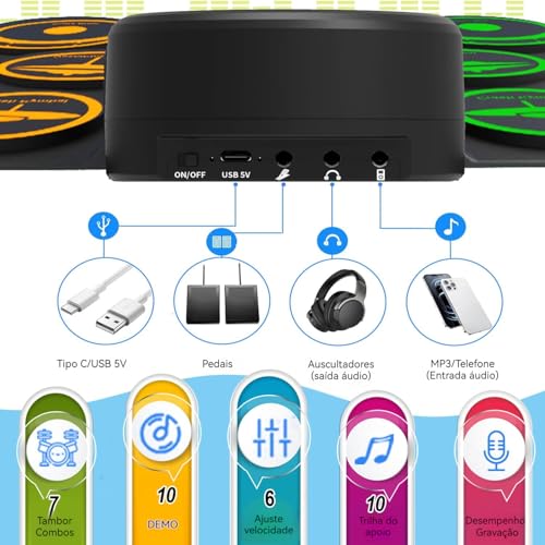 ANVAR Conjunto de Bateria Eletrônica Portátil com 9 Pads, Duplo Alto-Falante, 4 Horas de Bateria, MIDI e Conexão para Jogos - Presente Musical Perfeito para Iniciantes e Crianças