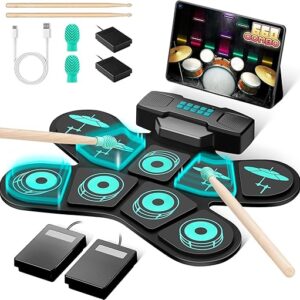 ANVAR Kit de bateria eletrônica portátil VD-SJG，Eletrônica Portátil com 9 Pads Sensíveis, Alto-falantes Duplos, Conexão MIDI e 4h de Bateria - Ideal para Iniciantes, Prática em...
