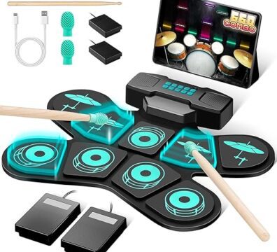 ANVAR Kit de bateria eletrônica portátil VD-SJG，Eletrônica Portátil com 9 Pads Sensíveis, Alto-falantes Duplos, Conexão MIDI e 4h de Bateria - Ideal para Iniciantes, Prática em...