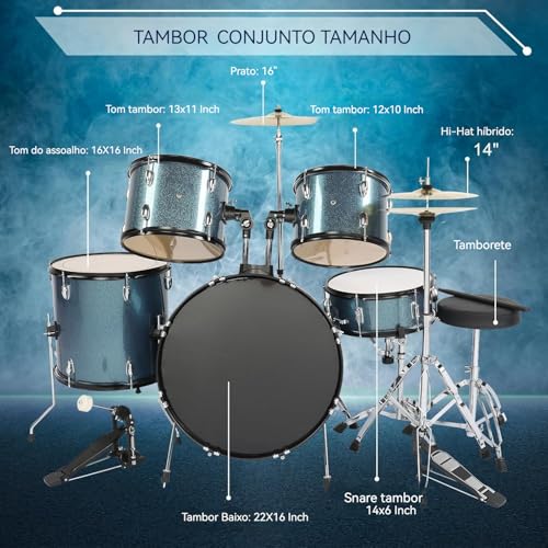 VEDO Bateria Acústica 5 Peças Profissional para Adultos - Kit Completo com Banco, Pratos e Pedal (Madeira de Álamo, 22 Polegadas, azul) para Iniciantes e Estudantes de Música