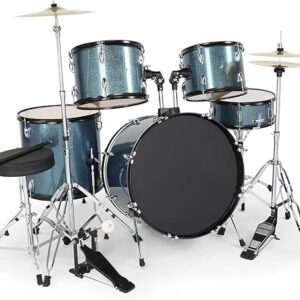 VEDO Bateria Acústica 5 Peças Profissional para Adultos - Kit Completo com Banco, Pratos e Pedal (Madeira de Álamo, 22 Polegadas, azul) para Iniciantes e Estudantes de Música