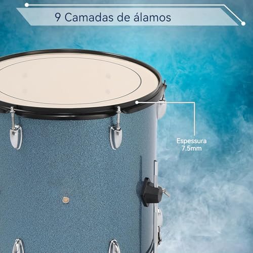 VEDO Bateria Acústica 5 Peças Profissional para Adultos - Kit Completo com Banco, Pratos e Pedal (Madeira de Álamo, 22 Polegadas, azul) para Iniciantes e Estudantes de Música