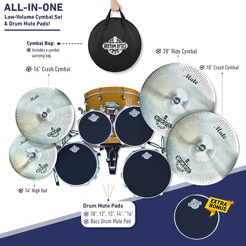 Pacote de pratos de baixo volume com almofadas silenciadoras de bateria, 12 peças, conjunto de pratos - 35,6 cm/40,6 cm/45,7 cm/50,8 cm, almofadas silenciadoras de bateria -...
