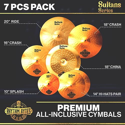 Rhythm Bytes Conjunto de pratos - Série New Sultans | Conjunto completo de 7 peças de bateria pacote de pratos inclui Hi-Hats de 35,5 cm, Fast Crash, 45,7 cm Crash, 50,8 cm...,