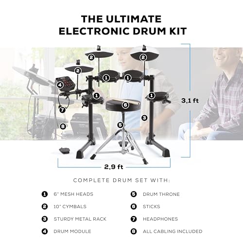 Alesis Kit de estreia de bateria – Conjunto de bateria infantil com 4 almofadas elétricas de malha silenciosa, 120 sons, tamborete, baquetas de bateria, fones de ouvido e 100...