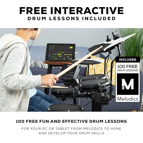 Alesis Kit de estreia de bateria – Conjunto de bateria infantil com 4 almofadas elétricas de malha silenciosa, 120 sons, tamborete, baquetas de bateria, fones de ouvido e 100...