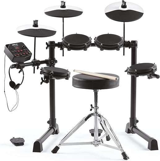 Alesis Kit de estreia de bateria – Conjunto de bateria infantil com 4 almofadas elétricas de malha silenciosa, 120 sons, tamborete, baquetas de bateria, fones de ouvido e 100...