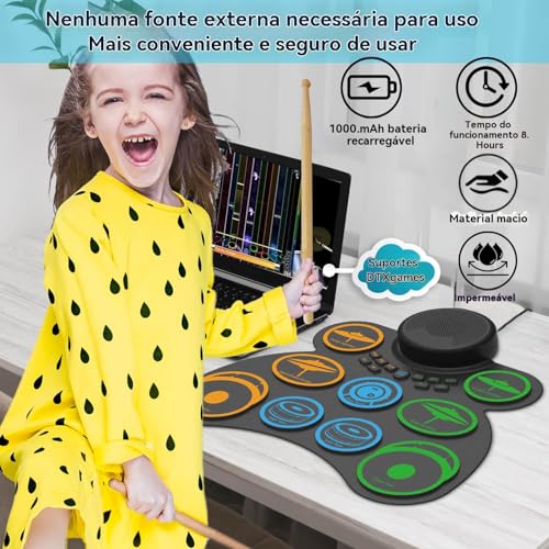 ANVAR Conjunto de Bateria Eletrônica Portátil com 9 Pads, Duplo Alto-Falante, 4 Horas de Bateria, MIDI e Conexão para Jogos - Presente Musical Perfeito para Iniciantes e Crianças