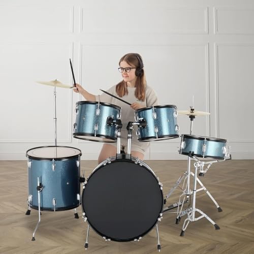 VEDO Bateria Acústica 5 Peças Profissional para Adultos - Kit Completo com Banco, Pratos e Pedal (Madeira de Álamo, 22 Polegadas, azul) para Iniciantes e Estudantes de Música