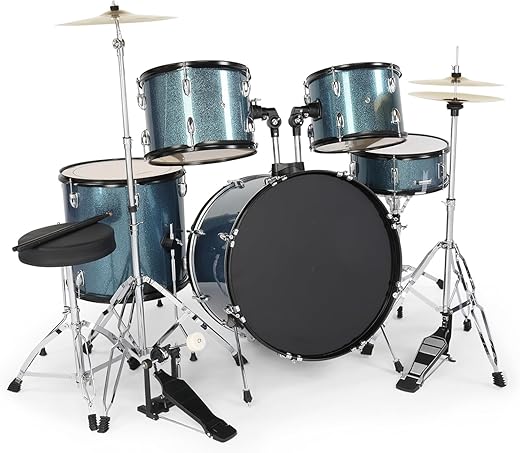 VEDO Bateria Acústica 5 Peças Profissional para Adultos - Kit Completo com Banco, Pratos e Pedal (Madeira de Álamo, 22 Polegadas, azul) para Iniciantes e Estudantes de Música